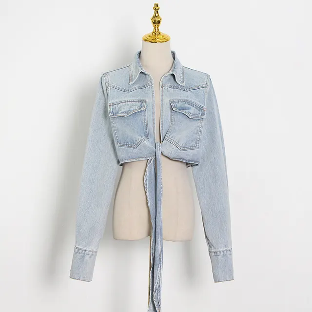 Cropped Cropped Denim Jacket With Tie At The Chest Blue - Shop at LoveMi