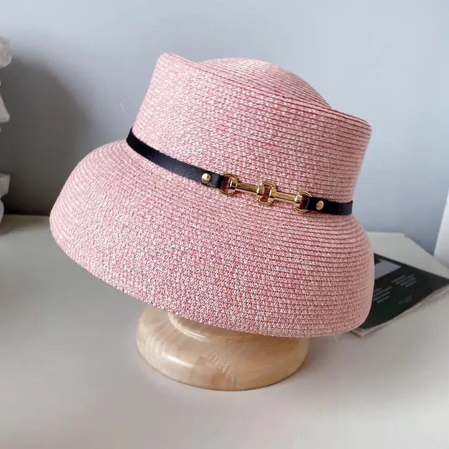 Women's Lampshade Shape Fashion Metal Belt Buckle Straw Hat Pink - Shop at LoveMi