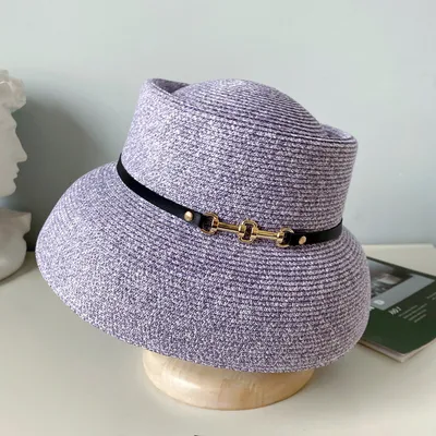 Women's Lampshade Shape Fashion Metal Belt Buckle Straw Hat Purple - Shop at LoveMi