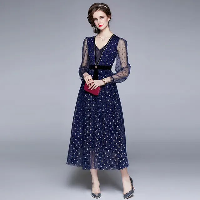 Waist Polka Dot Mesh Ladies Banquet Evening Dress Royal Blue - Shop at LoveMi