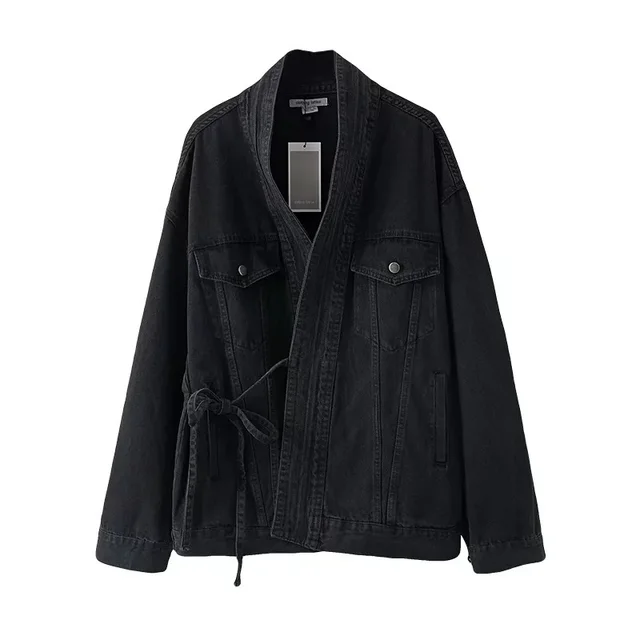 Simple Mid length Solid Color Lace up Jacket Top Black - Shop at LoveMi
