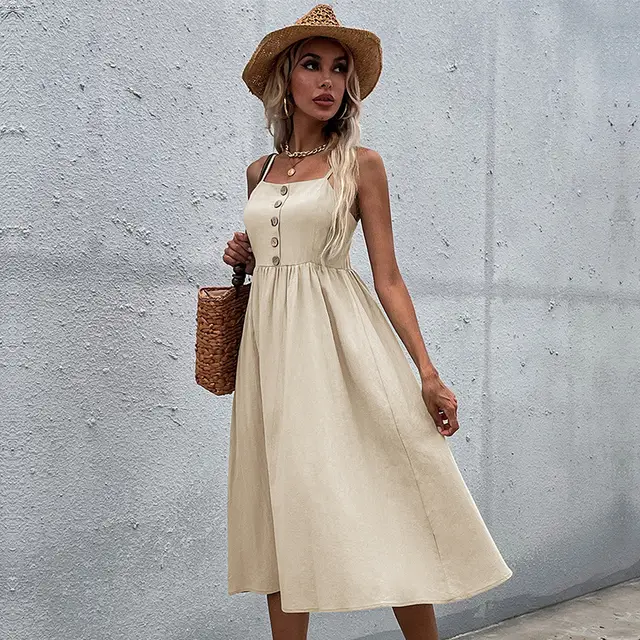 Button Cotton Linen Skirt Sleeveless Sling A Line Apricot - Shop at LoveMi