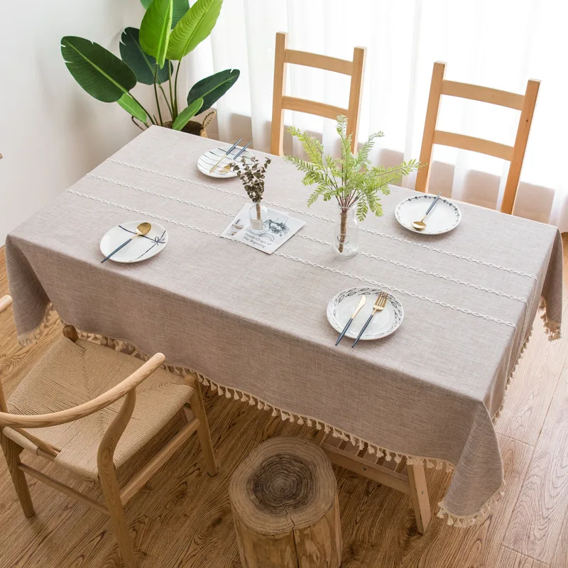 Striped Fabric Dining Room Cotton Linen Embroidered Tassel Tablecloth Beige - Shop at LoveMi