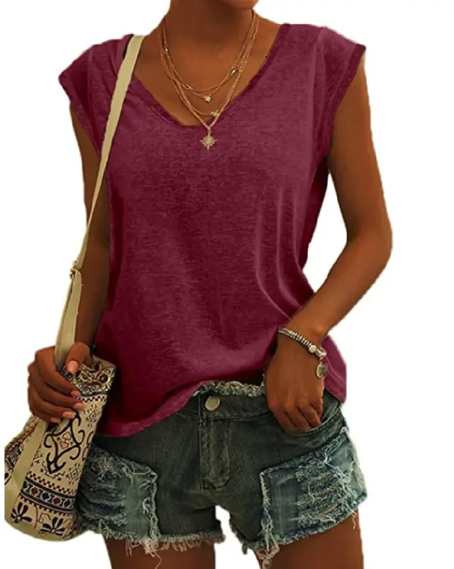 European And American Women's Simple V neck Loose T shirt Wine Red - Shop at LoveMi