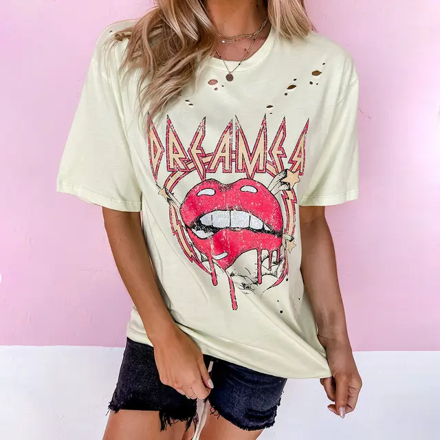 European And American Lip Letter Printing Short sleeved Burning Flower Hole Loose Casual T shirt Women - Shop at LoveMi