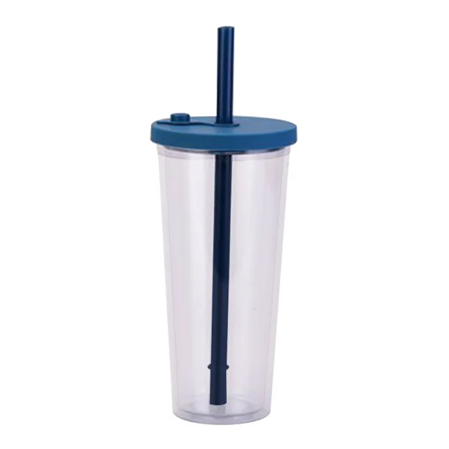 New Double Layer Plastic Large Hole Straw Cup Transparent Navy Blue Cover - Shop at LoveMi