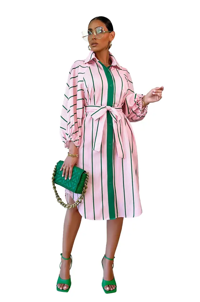 Striped Print Casual Long Sleeve Dress Pink - Shop at LoveMi