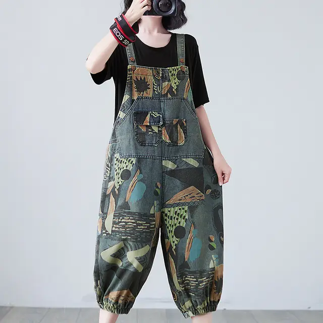 Summer Real Shot Plus Size Mm Printed Denim Slim Overalls - Shop at LoveMi