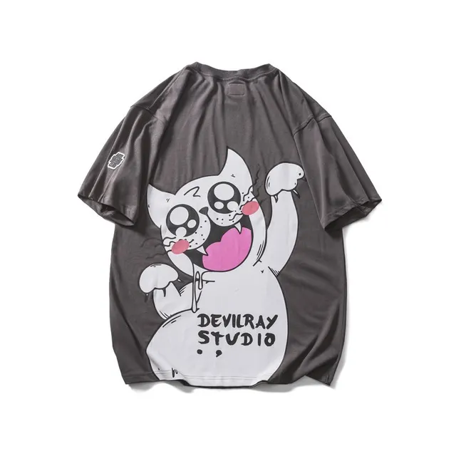Cartoon Anime Loose Gray Casual Short Sleeves Black - Shop at LoveMi
