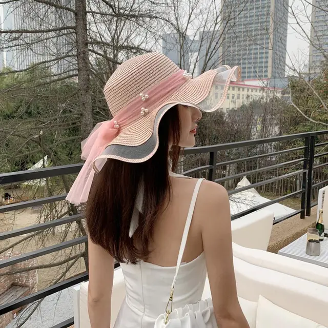 Big Brim Pearl Straw Hat With Bow Visor Wave Pink - Shop at LoveMi