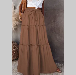 Women's Elastic High Waist A Line Pleated Casual Maxi Dress Brown - Shop at LoveMi