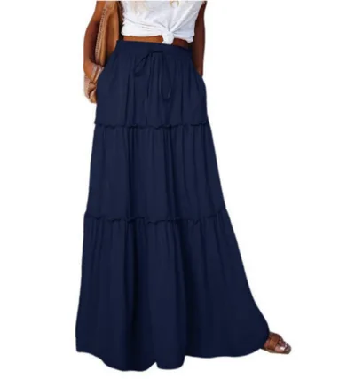 Women's Elastic High Waist A Line Pleated Casual Maxi Dress Navy - Shop at LoveMi