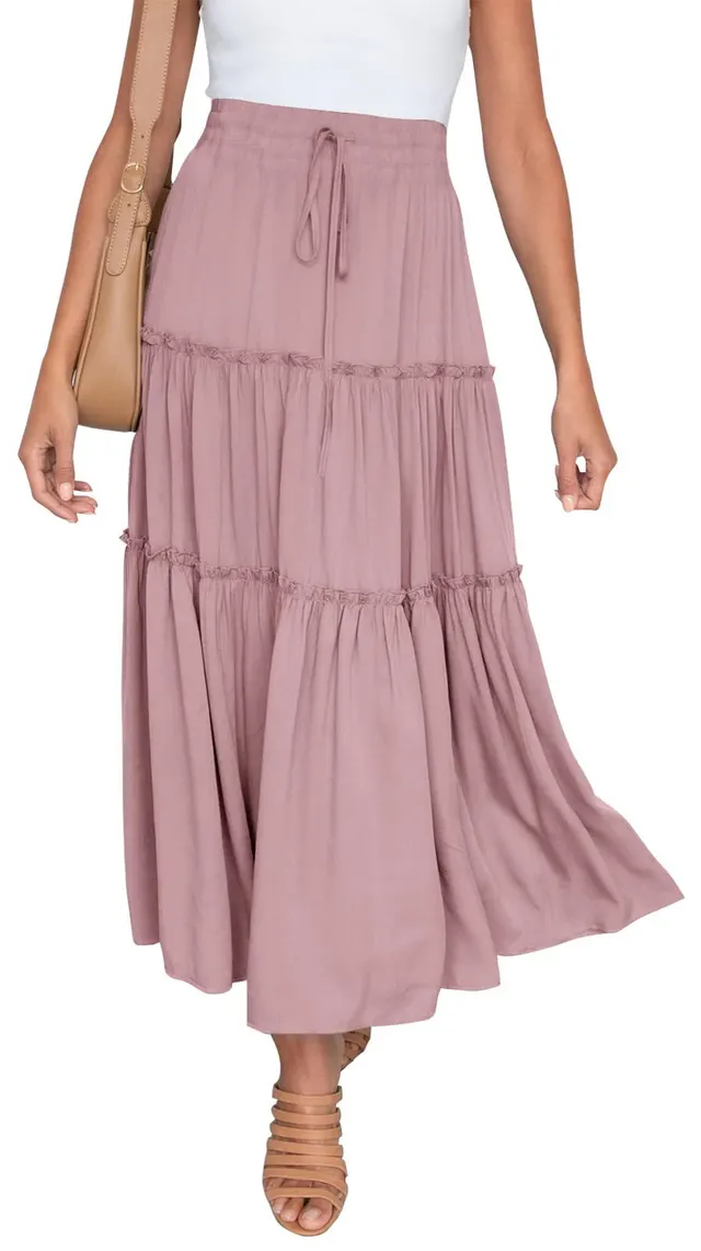 Women's Elastic High Waist A Line Pleated Casual Maxi Dress Pink - Shop at LoveMi