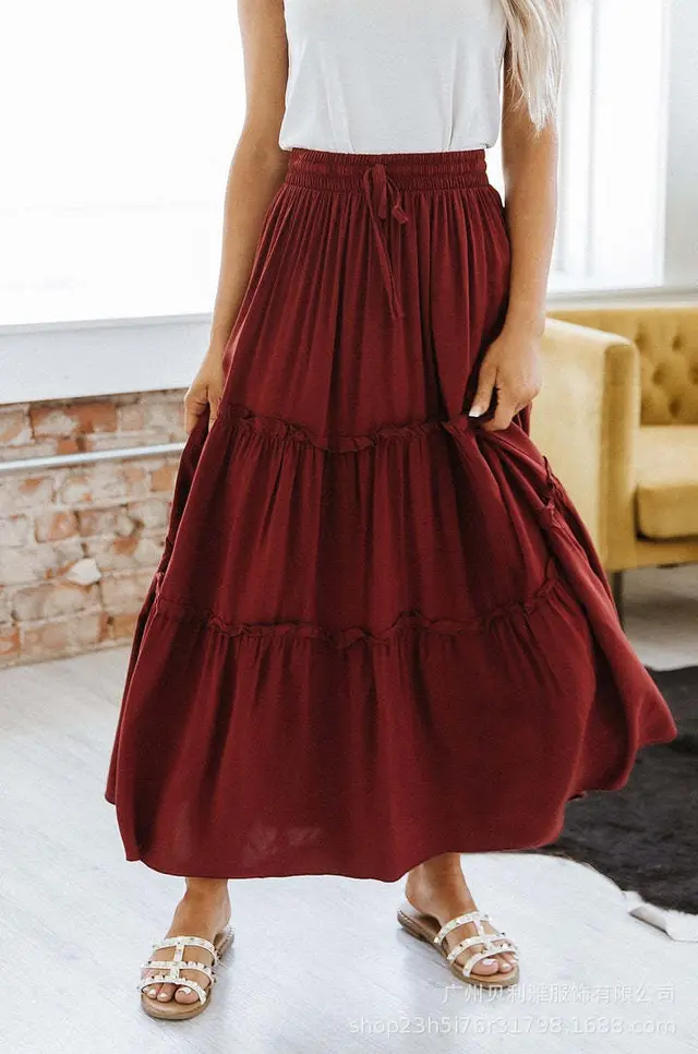 Women's Elastic High Waist A Line Pleated Casual Maxi Dress Wine Red - Shop at LoveMi