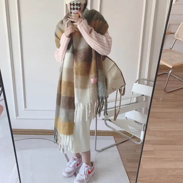 Double sided Rainbow Plaid Large Scarf In Mohair Brown - Shop at LoveMi