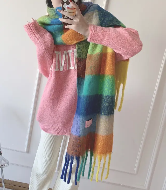 Double sided Rainbow Plaid Large Scarf In Mohair Oil Color - Shop at LoveMi