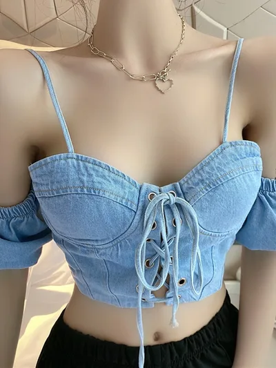 Fashion Sexy Washing Short Wrap Chest Strap Denim Vest Women Picture Color A - Shop at LoveMi