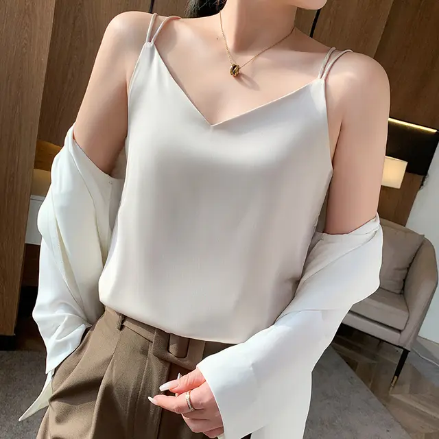 Silk Satin Camisole Women's Suit Inner Bottoming Shirt Beautiful Back Sleeveless Back Slit White - Shop at LoveMi