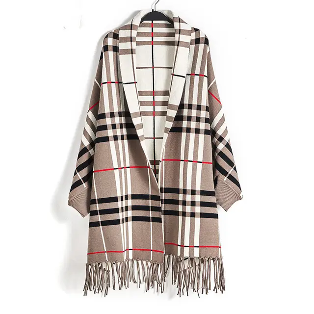 Plaid Mid length Cardigan Women's Knitted Tassel Shawl Coat Women Khaki - Shop at LoveMi