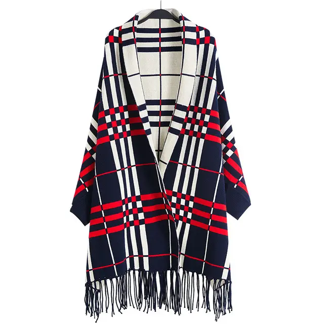 Plaid Mid length Cardigan Women's Knitted Tassel Shawl Coat Women Navy Blue - Shop at LoveMi
