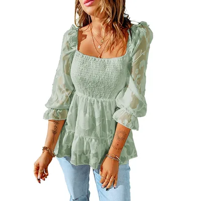 Solid Color Square Neck Three quarter Sleeve Chiffon Shirt Ruffled Versatile Top Green - Shop at LoveMi