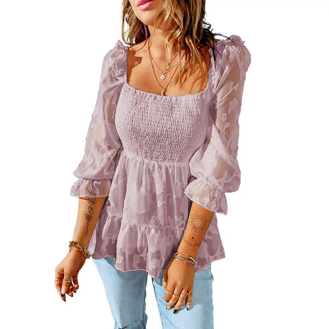 Solid Color Square Neck Three quarter Sleeve Chiffon Shirt Ruffled Versatile Top Pink - Shop at LoveMi