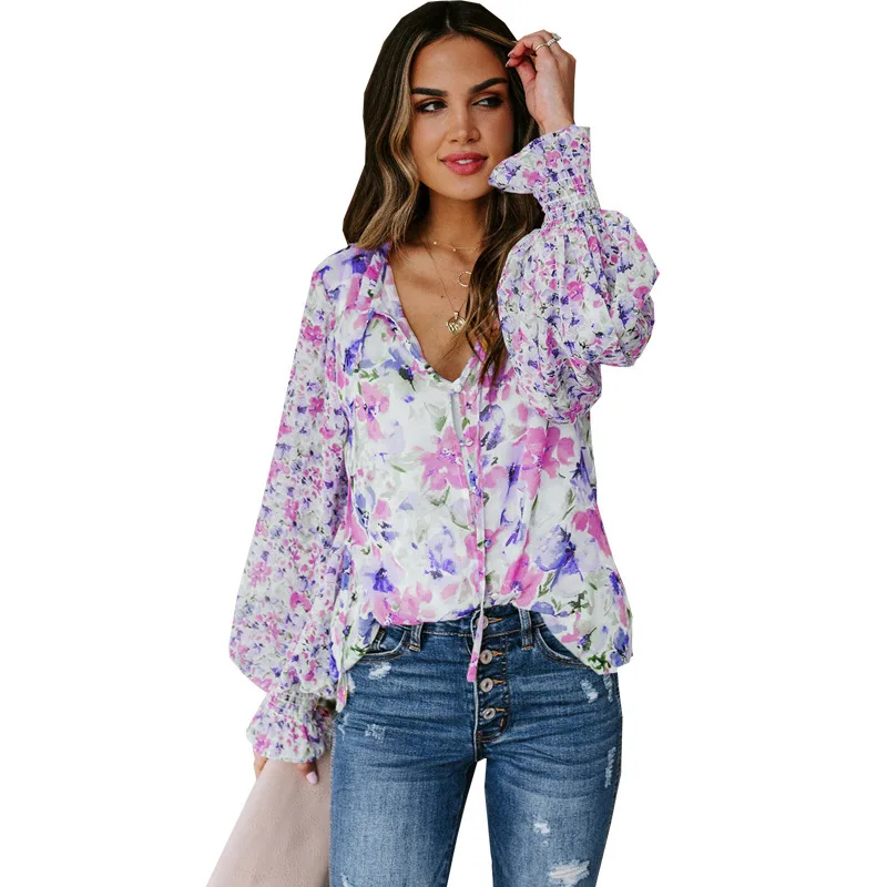 Loose Floral Women's Fashion Lantern Sleeve Top Women Rose Red - Shop at LoveMi