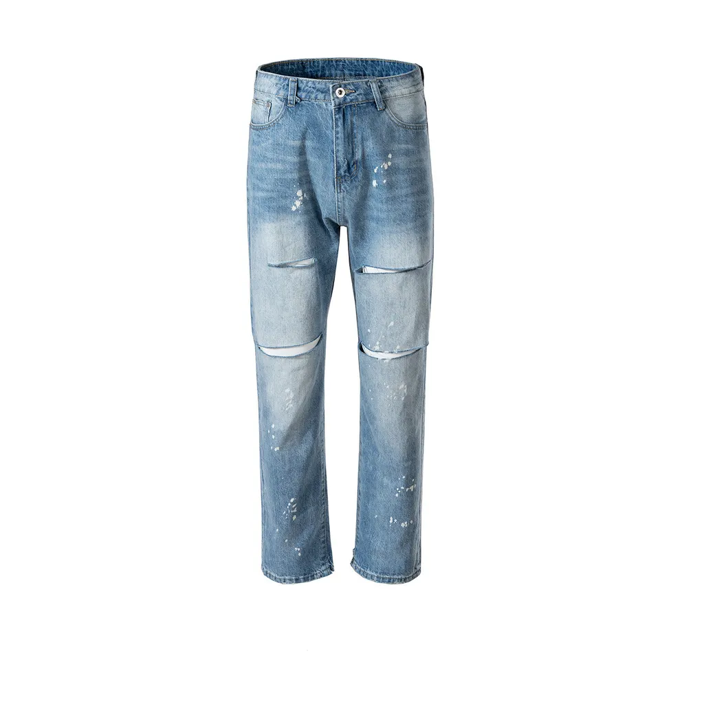 Ripped Trousers Men's And Women's Same Small Slit Paint Splashed Jeans - Blue