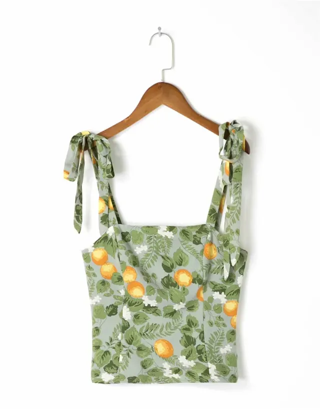 French Vintage Sweet Print Camisole Slim Fit Cropped Tank Top Green - Shop at LoveMi