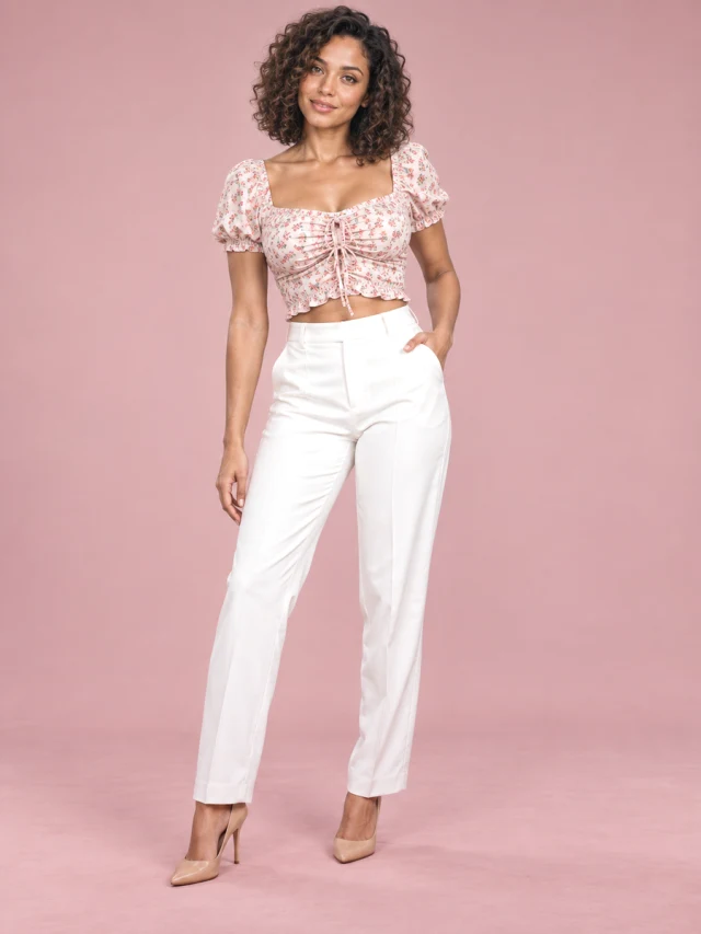 Ladies Square Neck Pleated Cropped Navel Shirt Top Pink - Shop at LoveMi