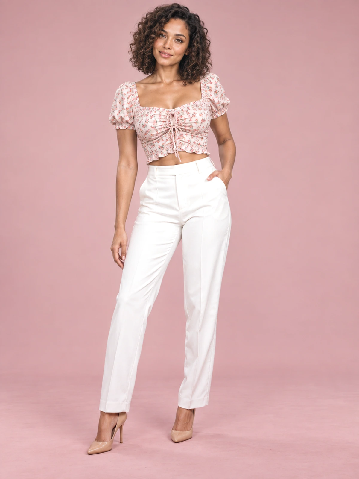 Ladies Square Neck Pleated Cropped Navel Shirt Top - Pink