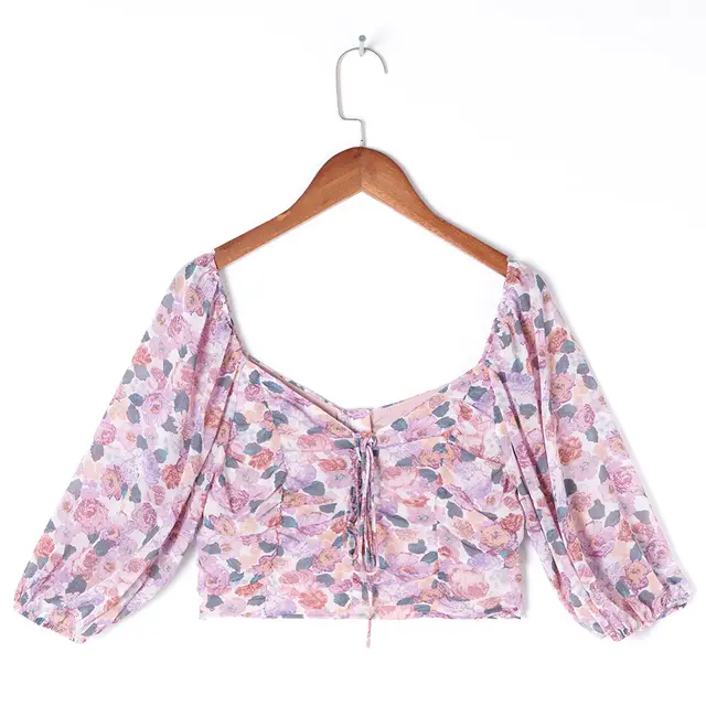 Ladies Square Neck Pleated Cropped Navel Shirt Top Pink - Shop at LoveMi