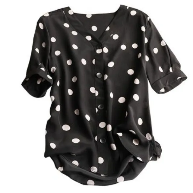 Women's V Neck Polka Dot Print Cardigan Top Sleeves Black - Shop at LoveMi