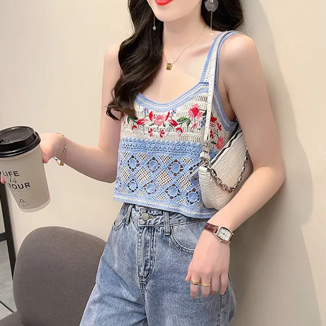 Women's Embroidered Knit Design Sleeveless Top Blue - Shop at LoveMi