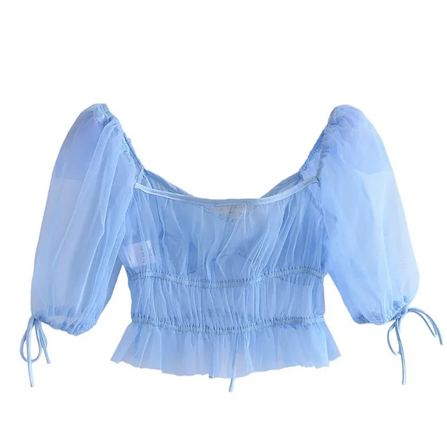 Women's Lightweight Tulle Feminine Crinkled Lace Up Top Blue - Shop at LoveMi