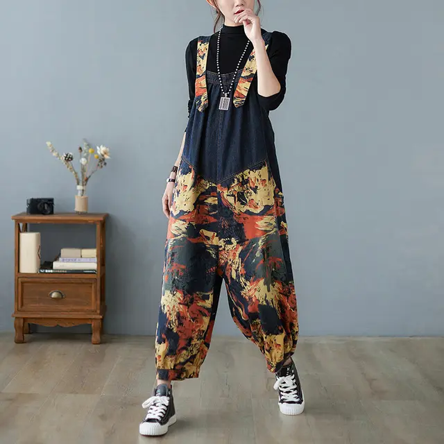 Spring Jean Overalls Printed And Washed Stitching For Women Blue - Shop at LoveMi