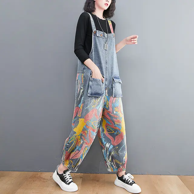New Spring Printed Jean Suspenders For Women Blue - Shop at LoveMi