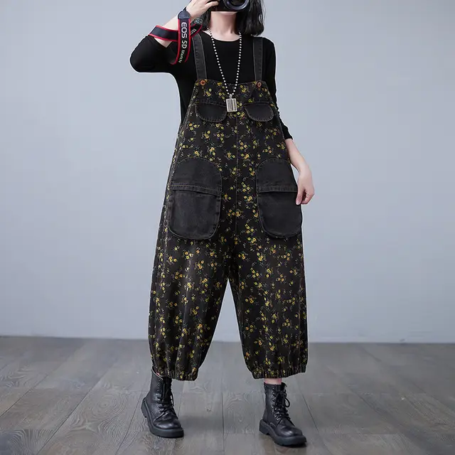 New Denim Washed Printed Suspenders For Women Black - Shop at LoveMi