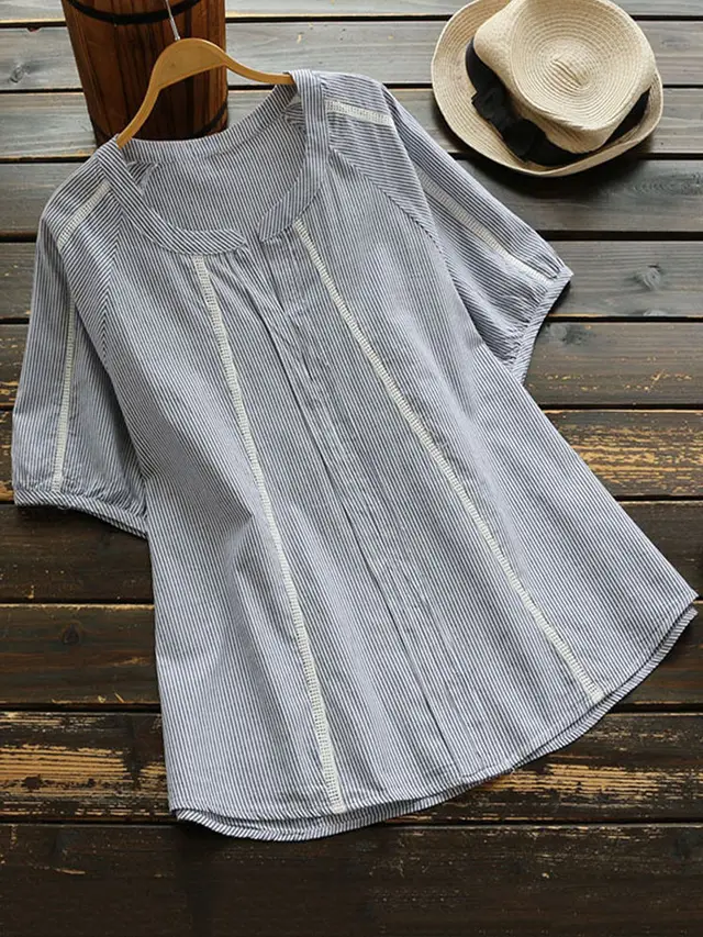 Casual Striped Patchwork V Neck Shirt Grey - Shop at LoveMi