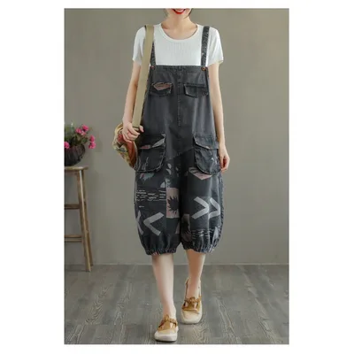 Women's Printed Denim Bloomers Split Overalls Black - Shop at LoveMi