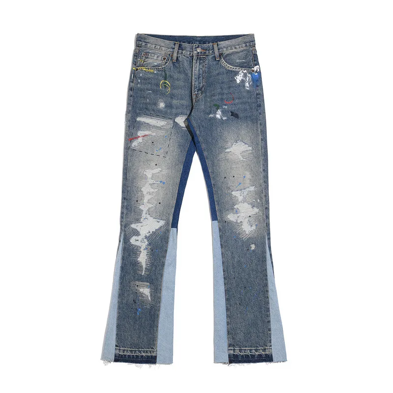 Whiskering Water Print Splattered Distressed Casual Jeans - Blue