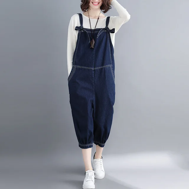 Suspenders Loose Jeans Seven-cent Jumpsuit Personality - Blue