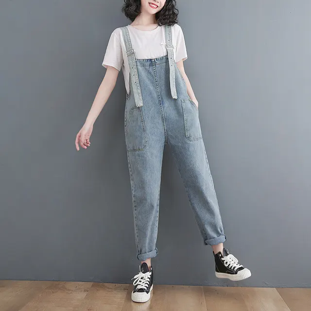 Spring And Summer New Style Loose Large Size Jean Suspenders Female Light Blue - Shop at LoveMi