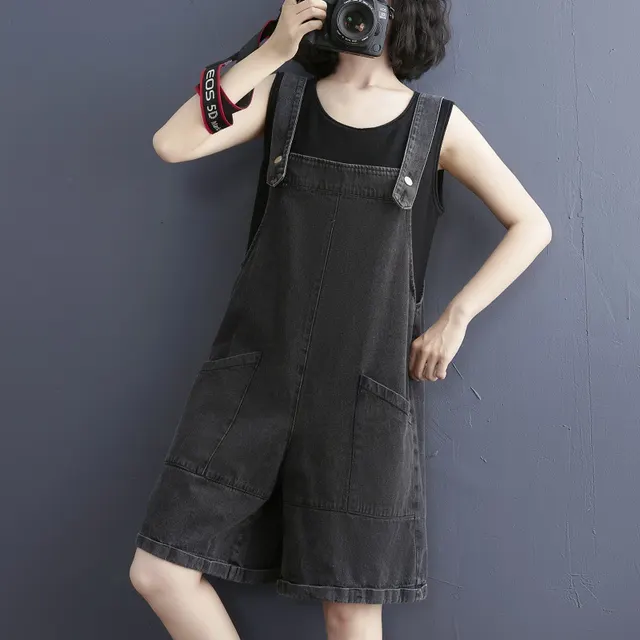 New Literary Large Size Fat Sister Jean Strap Shorts Black - Shop at LoveMi