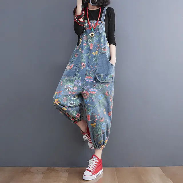 Spring Lean Print Jean Overalls For Women Blue - Shop at LoveMi