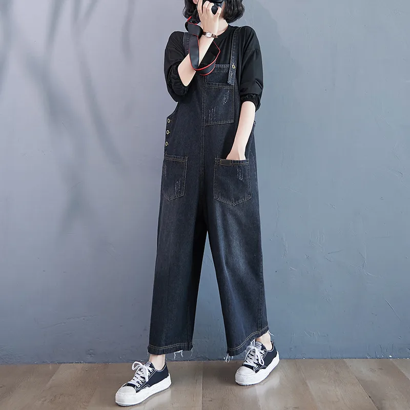 Oversized Nine Quarter Wide Leg Jean Suspenders Black - Shop at LoveMi