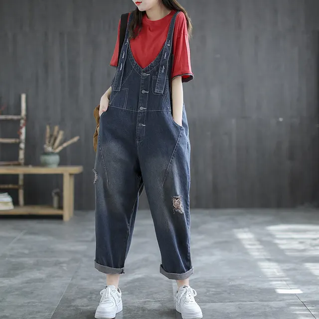 Loose looking Thin Summer Jeans With Ripped Suspenders Blue - Shop at LoveMi