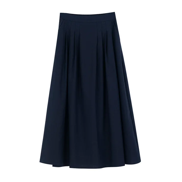 Mid length Slim Cotton And Linen A line Small Skirt Navy Blue - Shop at LoveMi