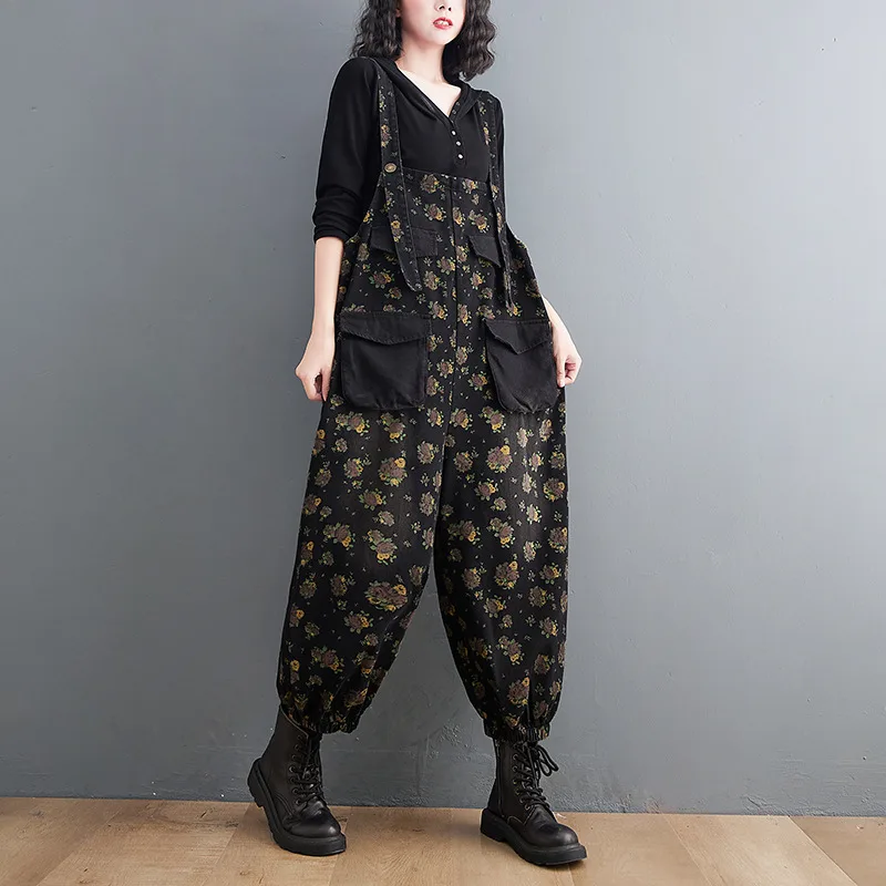 Large Size Printed Pocket Loose Jean Suspenders Black - Shop at LoveMi