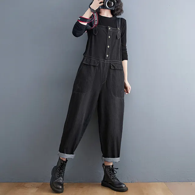 Black Show Thin Jeans Suspenders Design Feeling Wide Leg Pants Black - Shop at LoveMi